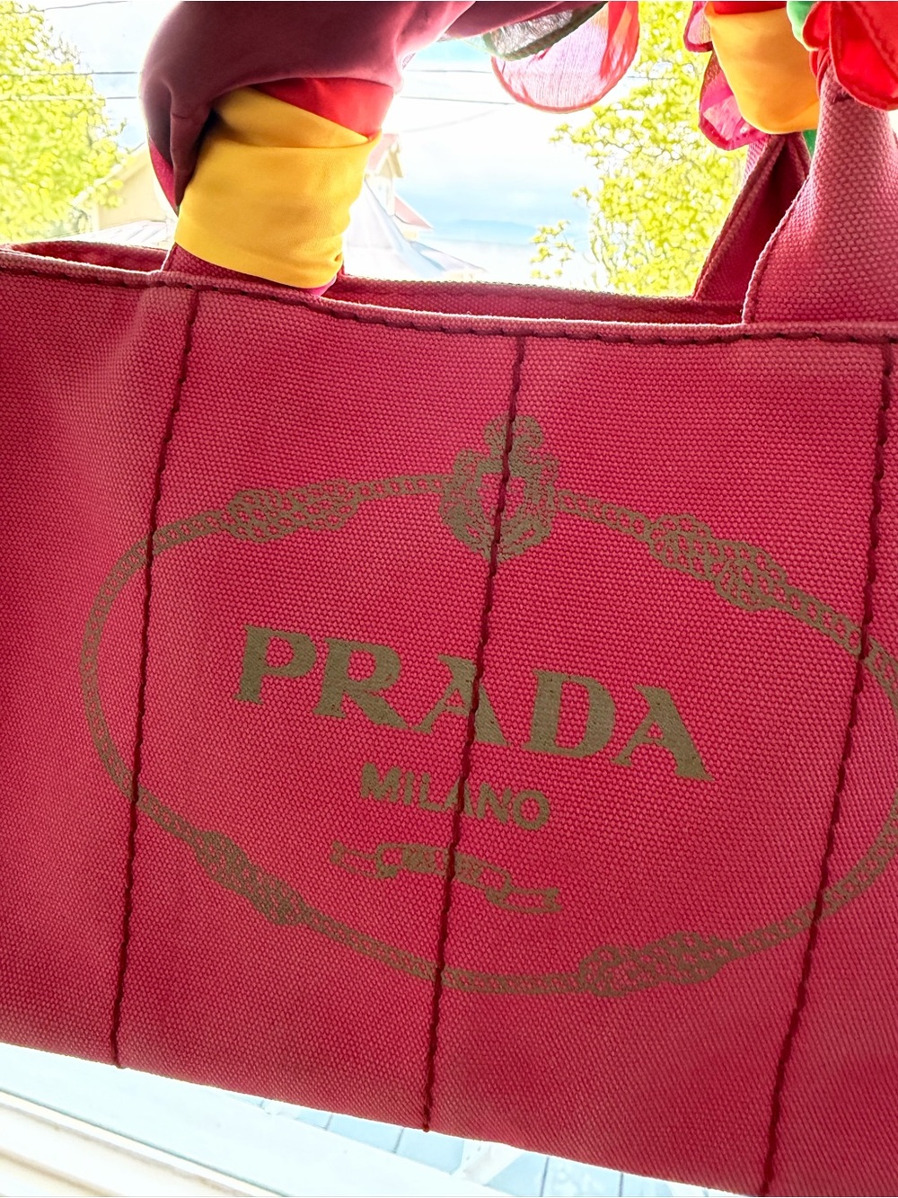 Prada Pink Canvas Tote with Multicolor Scarf-Wrapped Handles - Picture 4 of 5